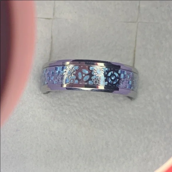 8mm Tungsten Carbide Gear Wheel Blue Carbon Fiber Inlay Mens Ring